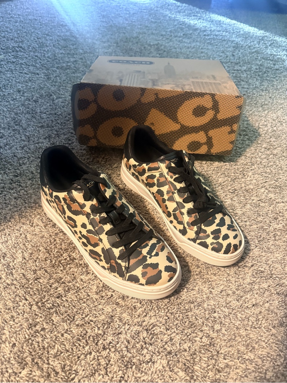 Coach Leopard Print Low Top Sneakers in Tan, Brown, Black